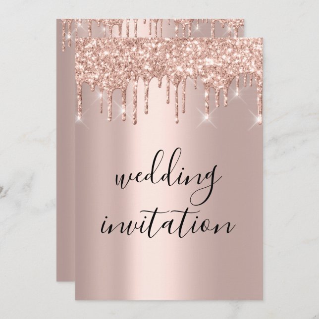 Drips Rose Gold Wedding Bridal Glitter Elegant Invitation (Front/Back)