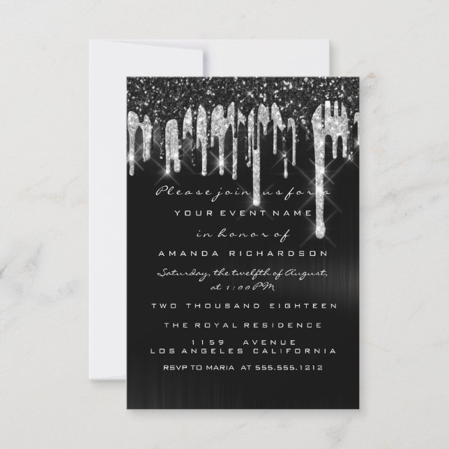 Drips Silver Black Bridal Sweet 16th Wedding Invitation (Front)