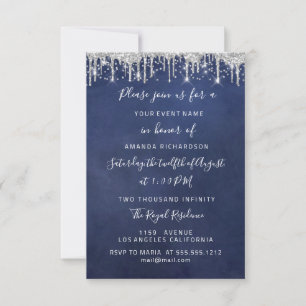 Drips Silver Confetti Bridal Wedding 16th Navy Invitation