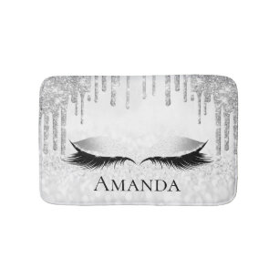 Drips Silver Eyes Glitter Name Monogram Gray Bath Mat