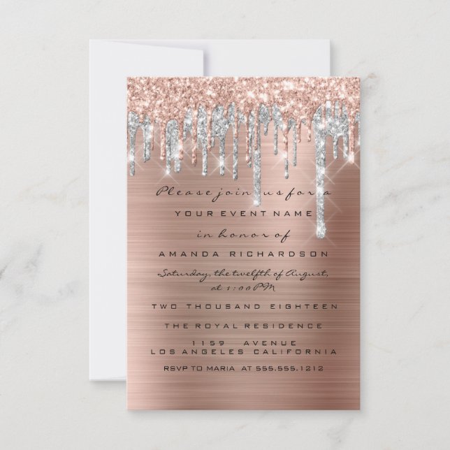 Drips Silver Rose  Bridal Sweet 16th Wedding Invitation (Front)
