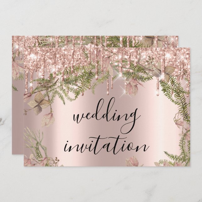 Drips Spark Wedding Bridal Rose Florals Mint Invitation (Front/Back)