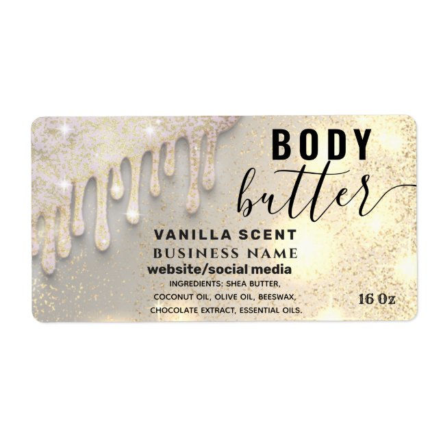 Drips sparkle glittery script body butter label (Front)