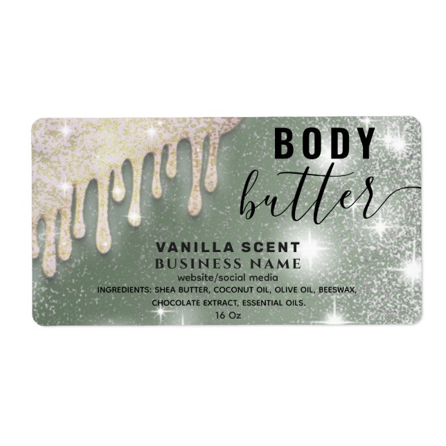 Drips sparkle glittery script body butter label (Front)