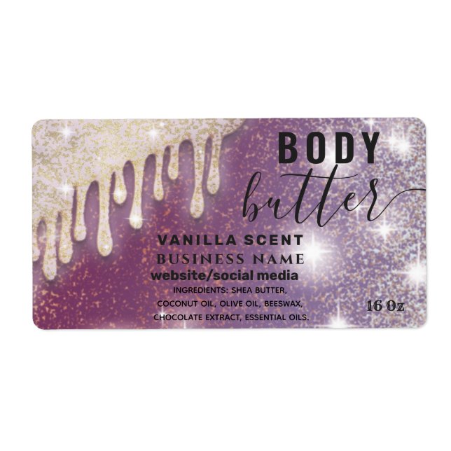 Drips sparkle glittery script body butter label (Front)