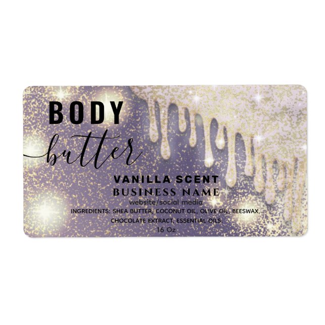 Drips sparkle glittery script body butter label (Front)