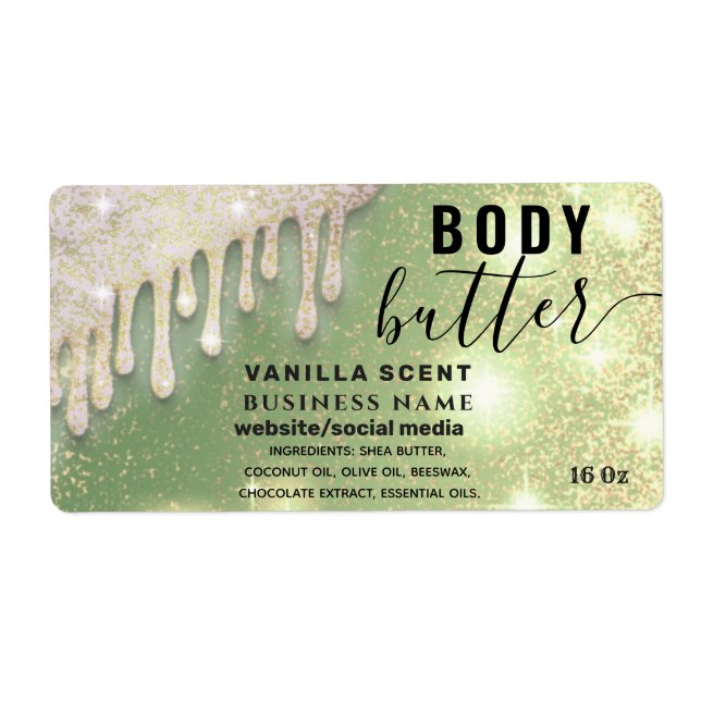 Drips sparkle glittery script body butter label (Front)