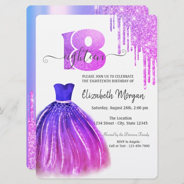  Drips Violet Chic Dress Silver 18th Birthday  Invitation (Front/Back)