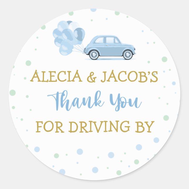 Drive  Blue Car Balloons Through Boy Baby Shower Classic Round Sticker (Front)