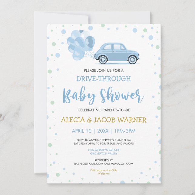 Drive  Blue Car Balloons Through Boy Baby Shower Invitation (Front)