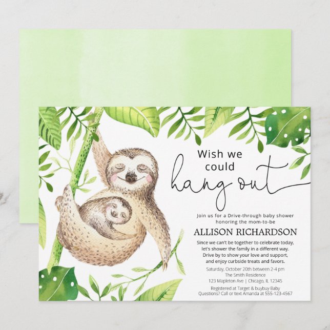 Drive by adorable sloth gender neutral baby shower invitation (Front/Back)