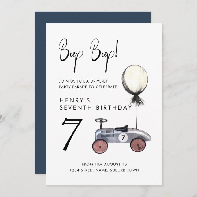 Drive by Any Age Birthday Parade Retro 7th Car Invitation (Front/Back)