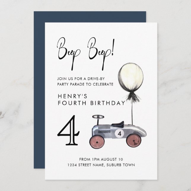 Drive by Any Age Birthday Parade Retro Blue Car Invitation (Front/Back)