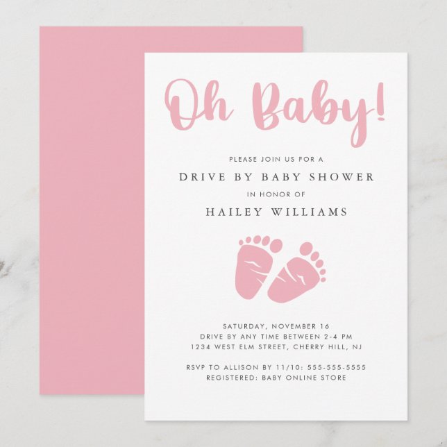 Drive By Baby Girl Shower | Oh Baby Baby Feet Pink Invitation (Front/Back)
