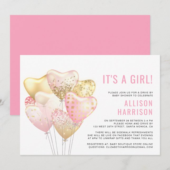 Drive By Baby Girl Shower Pink Glitter Balloon Invitation (Front/Back)