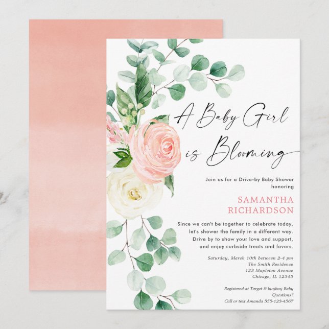 Drive by baby shower Baby girl is blooming spring Invitation (Front/Back)