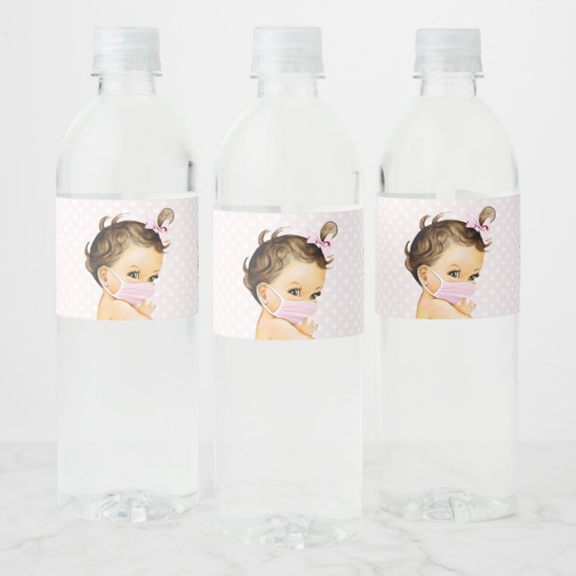 Drive By Baby Shower Baby Girl With Mask Water Bottle Label (Bottles)