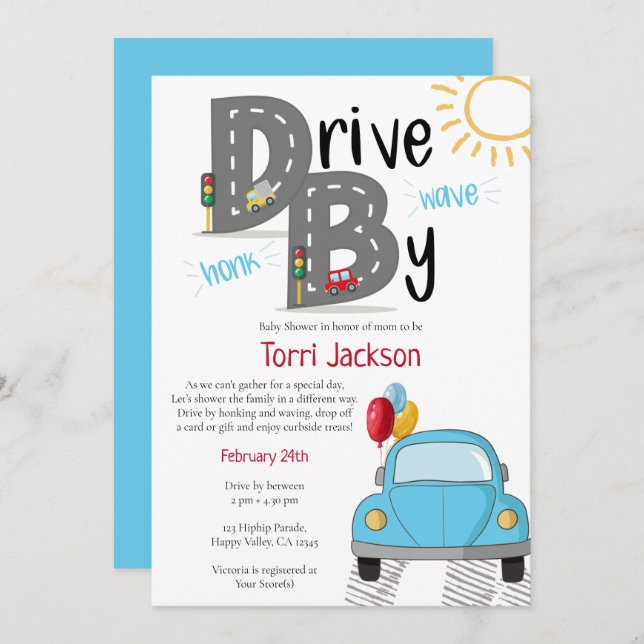 Drive By Baby Shower Blue Car for Boy Invitation (Front/Back)