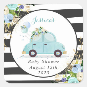 Drive By Baby Shower Blue Floral Favour Tag Sticke