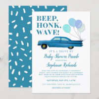 Drive By Baby Shower Boy Blue Vintage Car