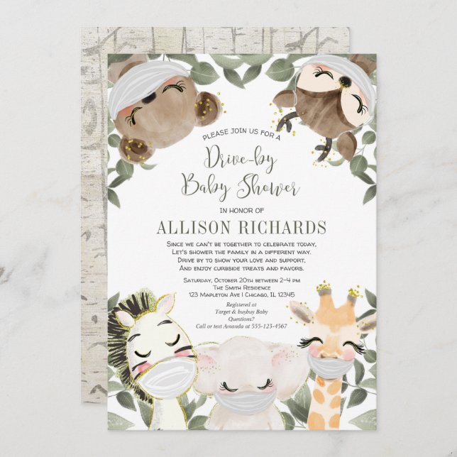Drive by baby shower cute animals with masks invitation (Front/Back)