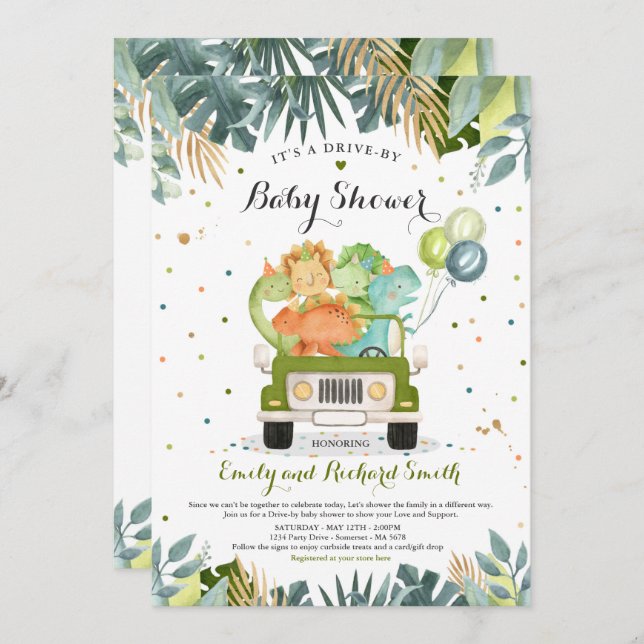Drive By Baby Shower Invitation Dinosaur Shower (Front/Back)