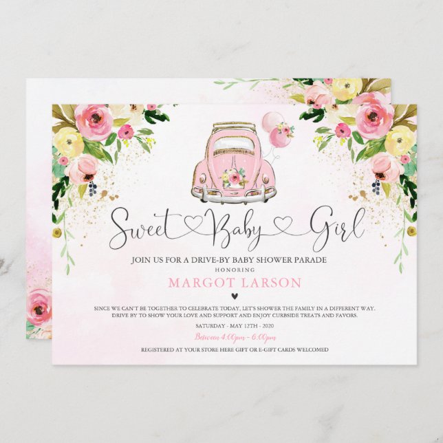 Drive By Baby Shower Invitation Pink Floral Shower (Front/Back)