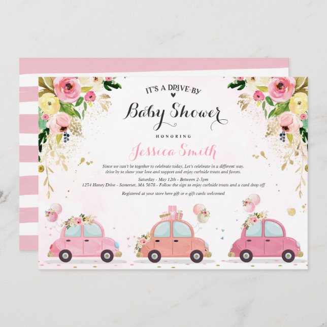 Drive By Baby Shower Invitation Pink Floral Shower (Front/Back)