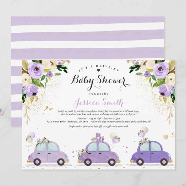 Drive By Baby Shower Lilac Gold Floral Baby Shower Invitation (Front/Back)