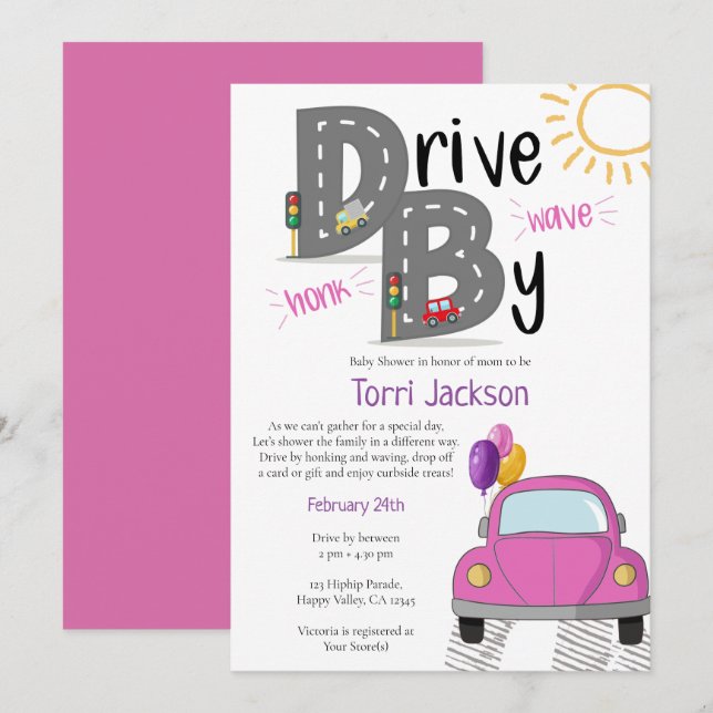 Drive By Baby Shower Pink Car for Girl Invitation (Front/Back)