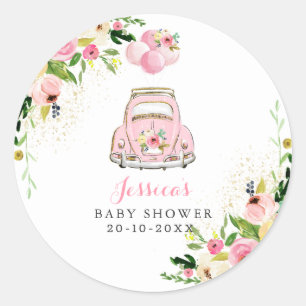 Drive By Baby Shower Pink Floral Favour Tag Sticke