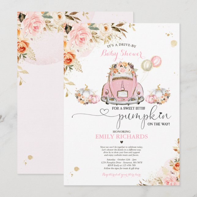 Drive By Baby Shower Pink Gold Floral Pumpkin Invitation (Front/Back)