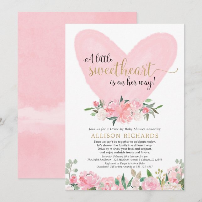 Drive-by baby shower pink gold Valentines Day girl Invitation (Front/Back)