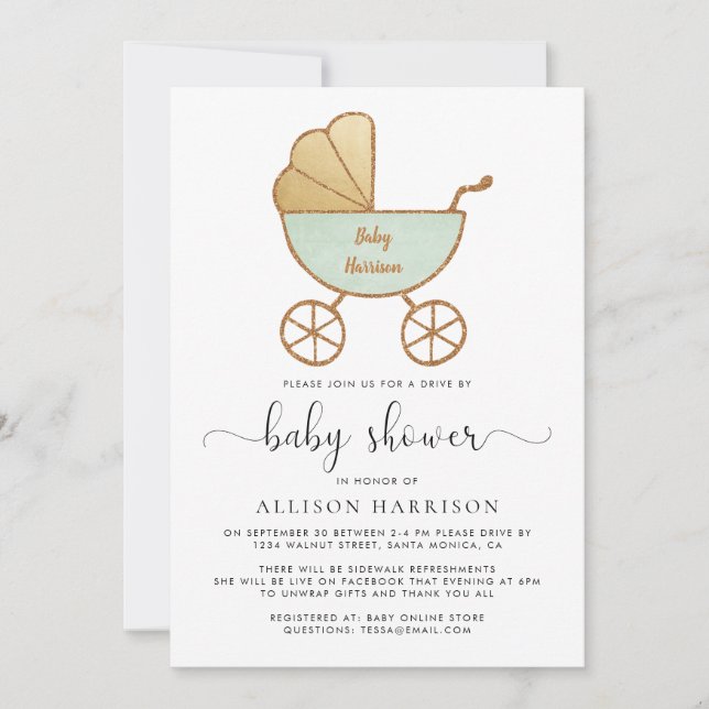 Drive By Baby Shower Retro Carriage Mint Green Invitation (Front)