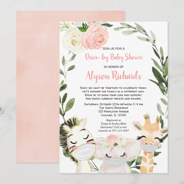Drive-by baby shower safari animals pink greenery invitation (Front/Back)