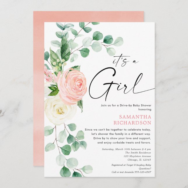 Drive by baby shower spring floral pink greenery invitation (Front/Back)