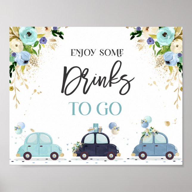 Drive By Baby Shower Treat Favor Sign Blue Floral (Front)