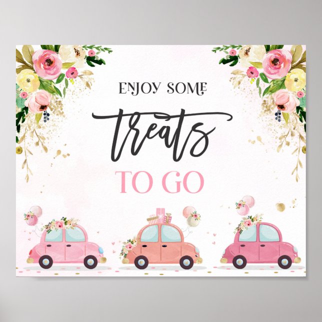 Drive By Baby Shower Treat Favor Sign Pink Floral (Front)