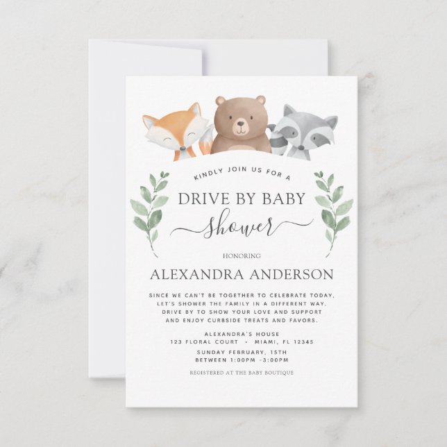 Drive By Baby Shower Woodland Eucalyptus Greenery Invitation (Front)