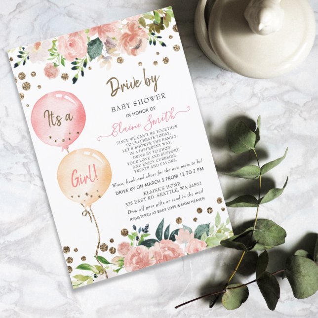 Drive by Balloons Pink Floral Girl Baby Shower Invitation (Creator Uploaded)