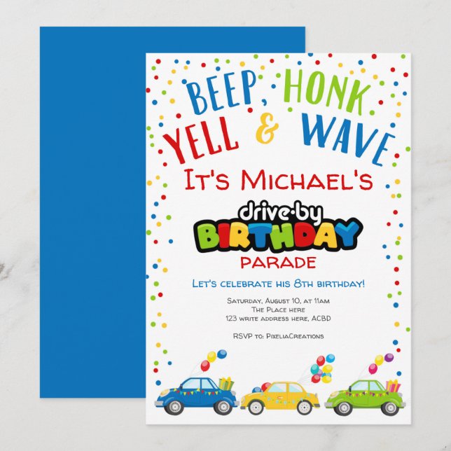 Drive by Birthday Parade, Boy birthday Invitation (Front/Back)