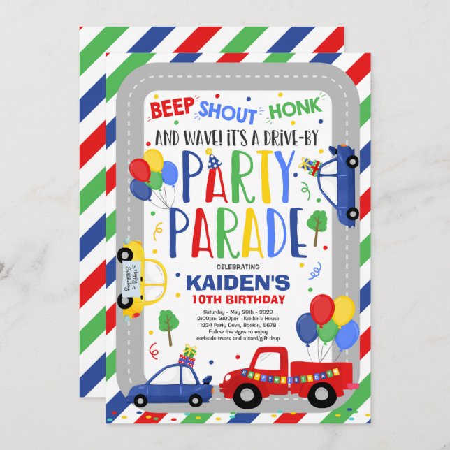 Drive By Birthday Parade Invitation Blue Parade (Front/Back)