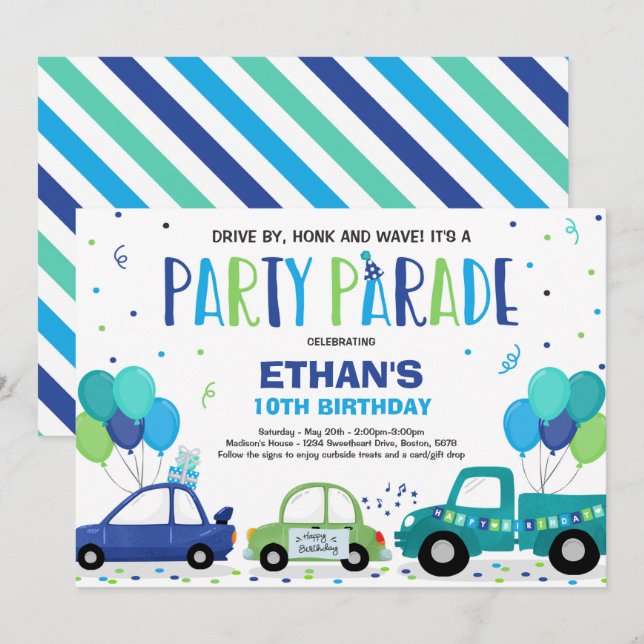 Drive By Birthday Parade Invitation Blue Parade (Front/Back)