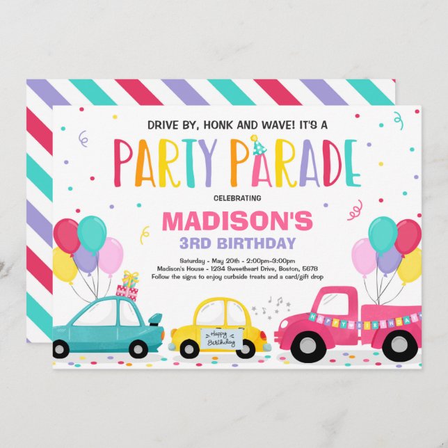 Drive By Birthday Parade Invitation Pink Parade (Front/Back)