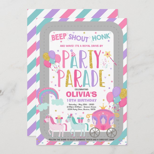 Drive By Birthday Parade Invitation Pink Princess (Front/Back)