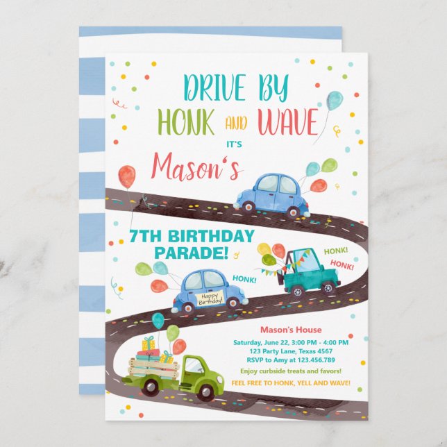 Drive By Birthday Parade Party Blue Drive Through Invitation (Front/Back)