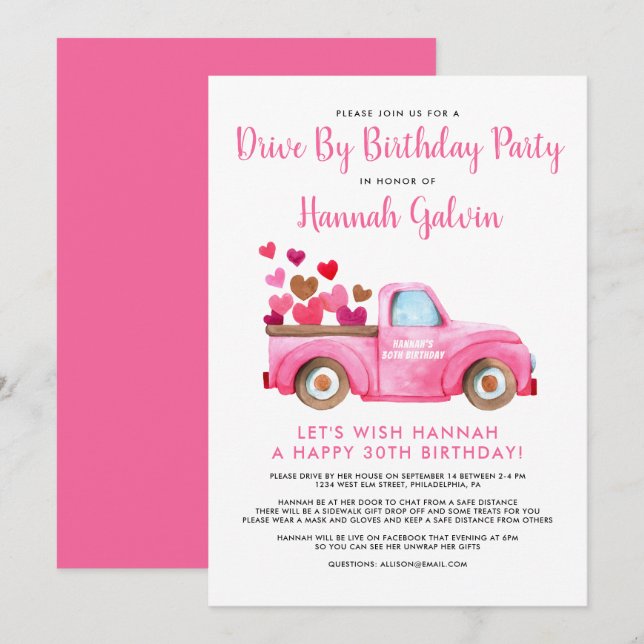 Drive By Birthday Party Truckload of Hearts Love Invitation (Front/Back)
