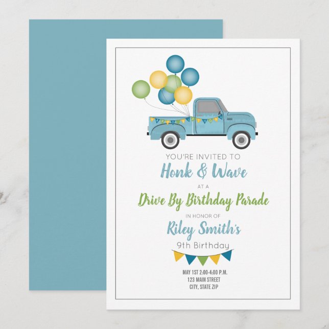 Drive By Birthday Social Distance Blue Truck Invitation (Front/Back)