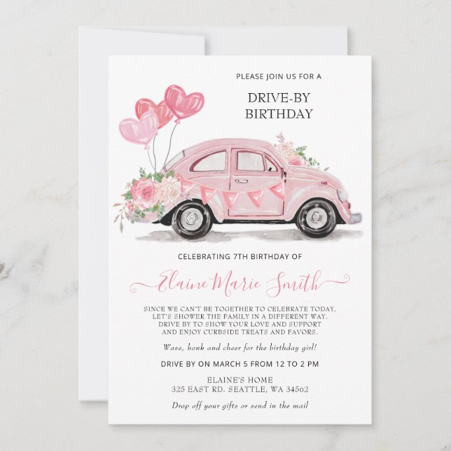 Drive by Birthday Watercolor Floral Pink Car Invitation (Front)