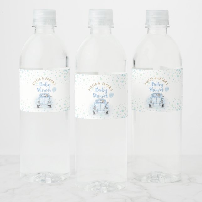 Drive By Boy Baby Shower Gold Blue Car Favour Water Bottle Label (Bottles)